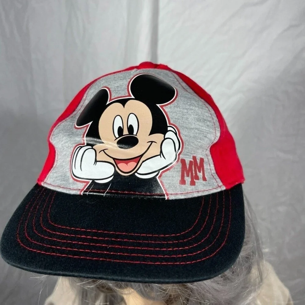 Disney Mickey Mouse Hat Cap Snapback Boys One Size Red Gray Adjustable Cartoon